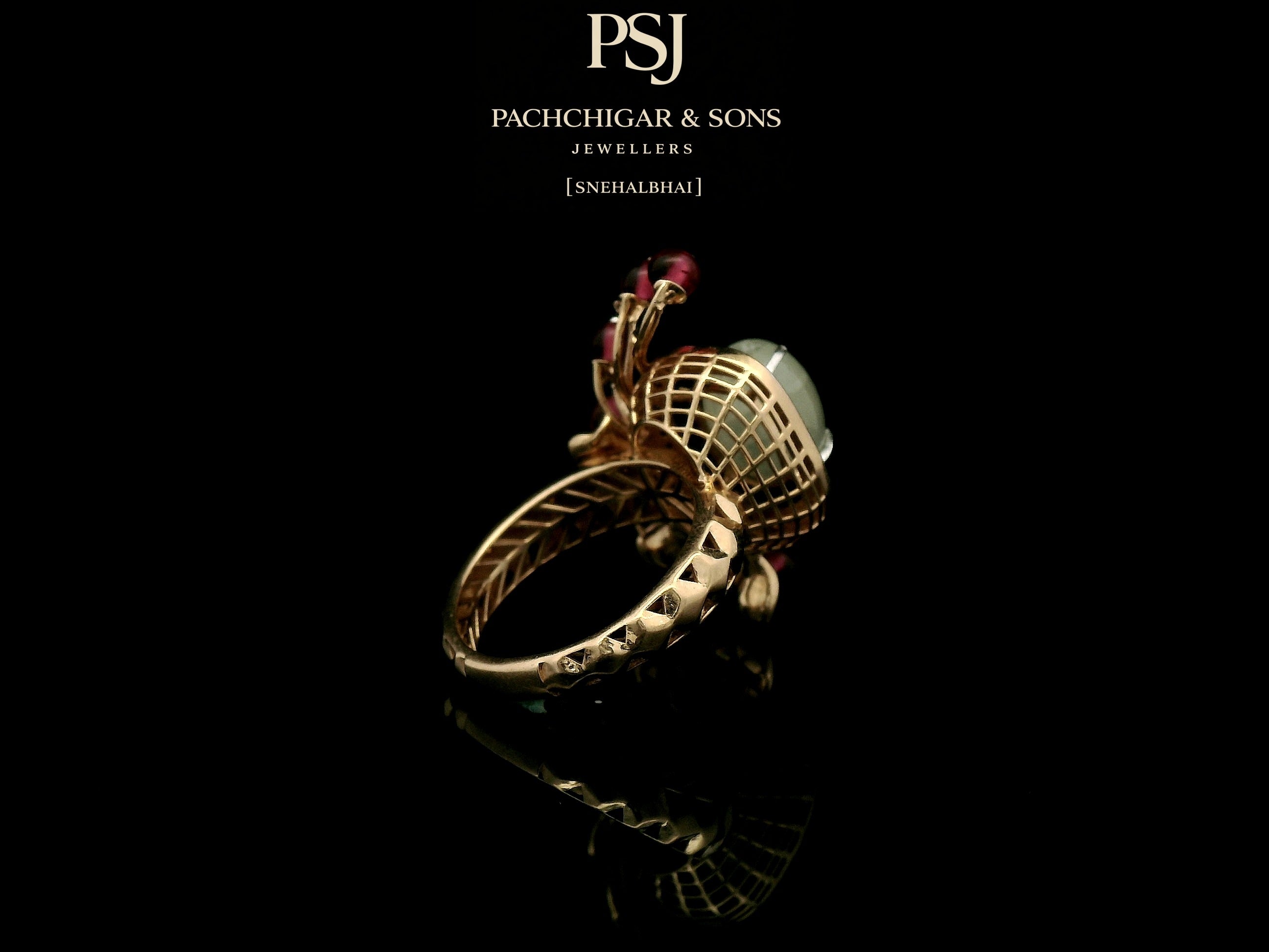 Jade and Diamond Statement Ring with Red Bead Detailing