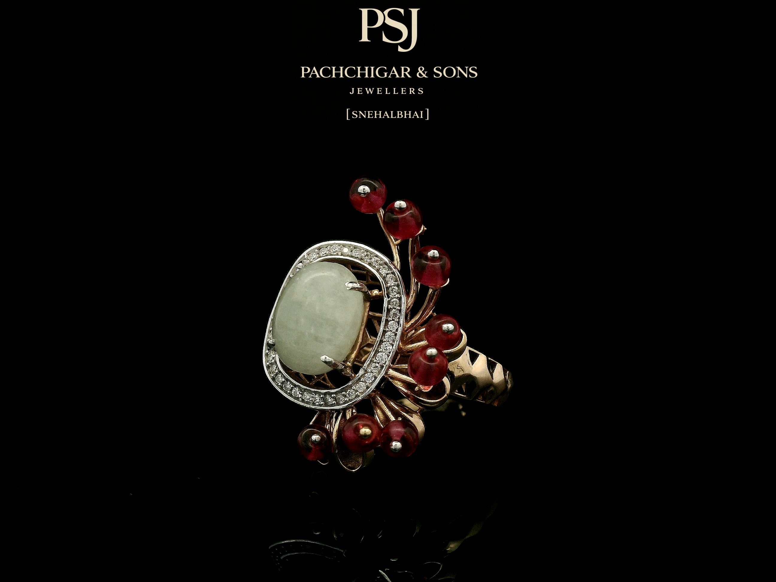 Jade and Diamond Statement Ring with Red Bead Detailing