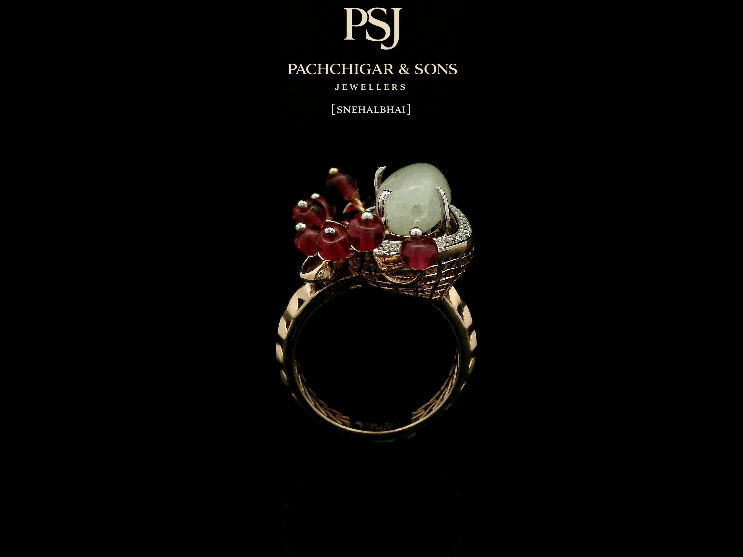 Jade and Diamond Statement Ring with Red Bead Detailing