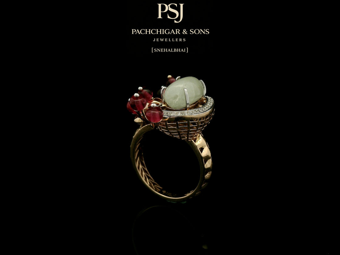 Jade and Diamond Statement Ring with Red Bead Detailing