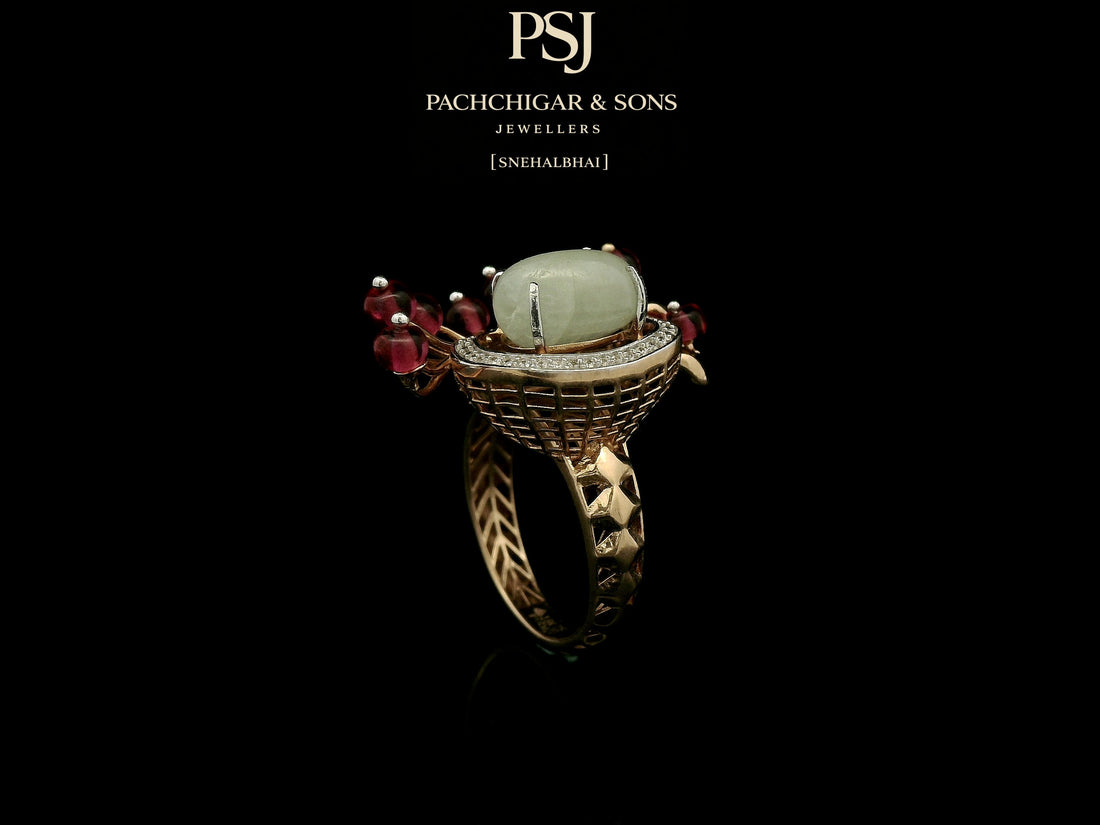 Jade and Diamond Statement Ring with Red Bead Detailing