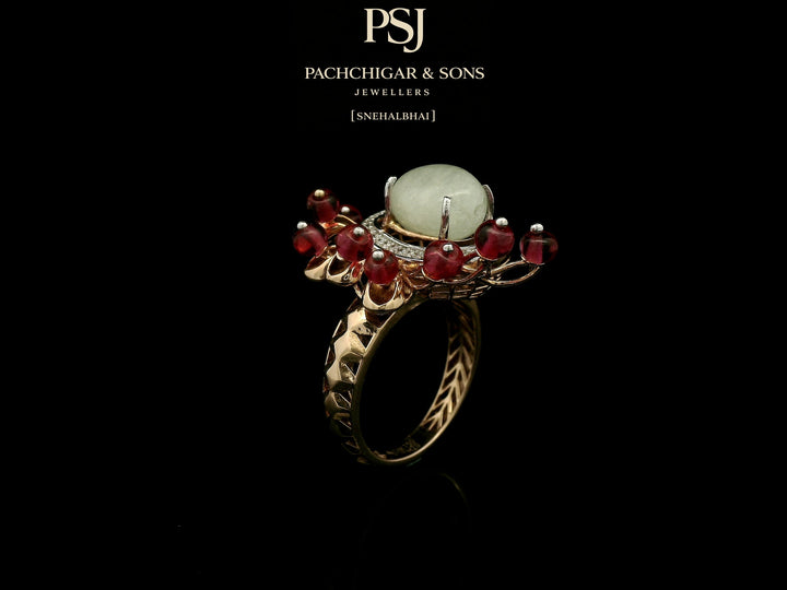 Jade and Diamond Statement Ring with Red Bead Detailing