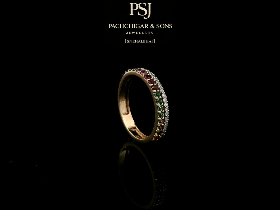Rainbow Gemstone Eternity Ring with Diamond Accent Band