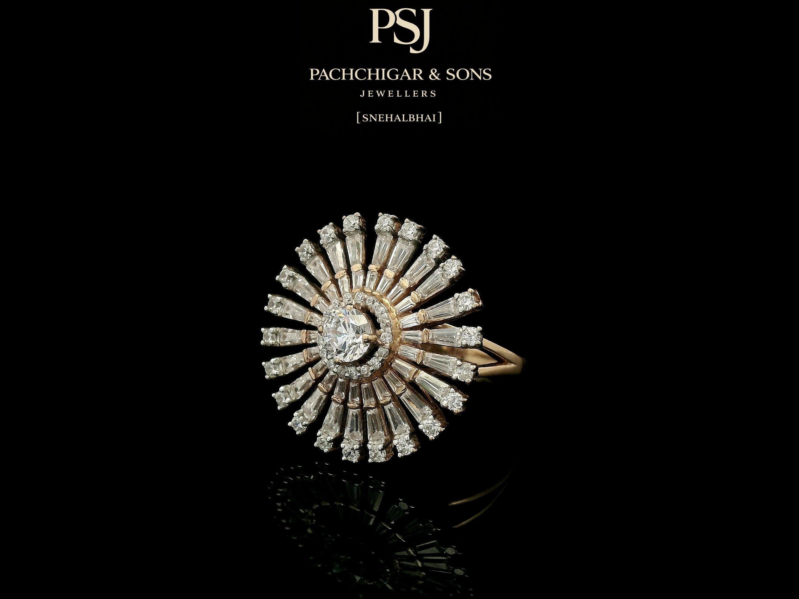 Radiant Sunburst Diamond Cocktail Ring with Baguette Stones