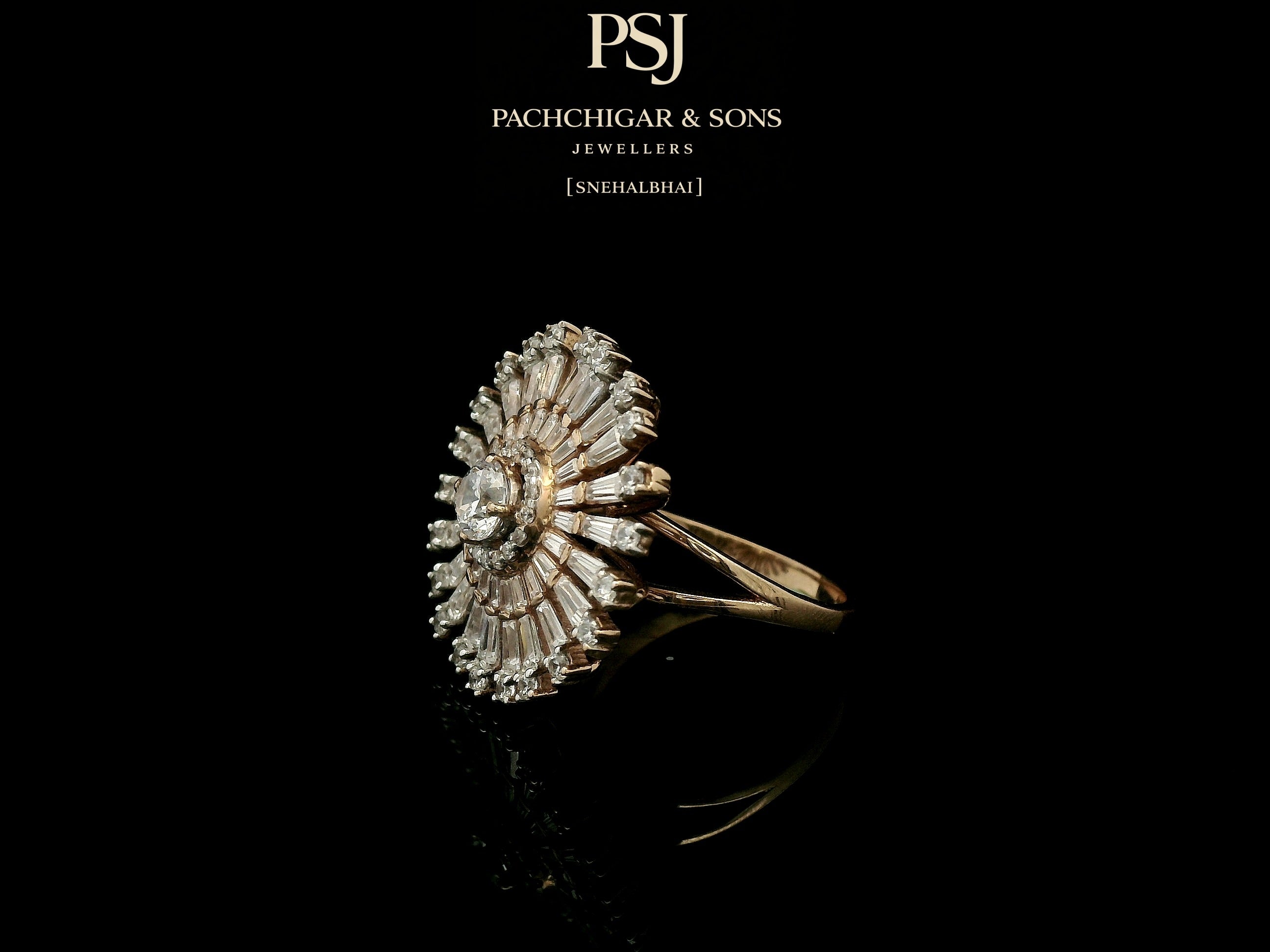 Radiant Sunburst Diamond Cocktail Ring with Baguette Stones