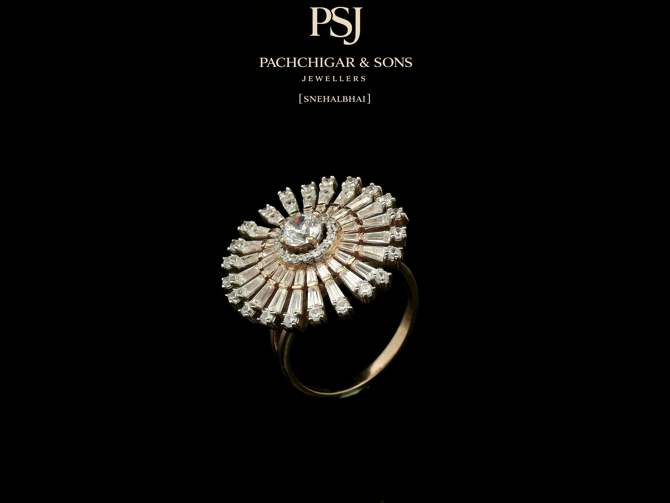 Radiant Sunburst Diamond Cocktail Ring with Baguette Stones
