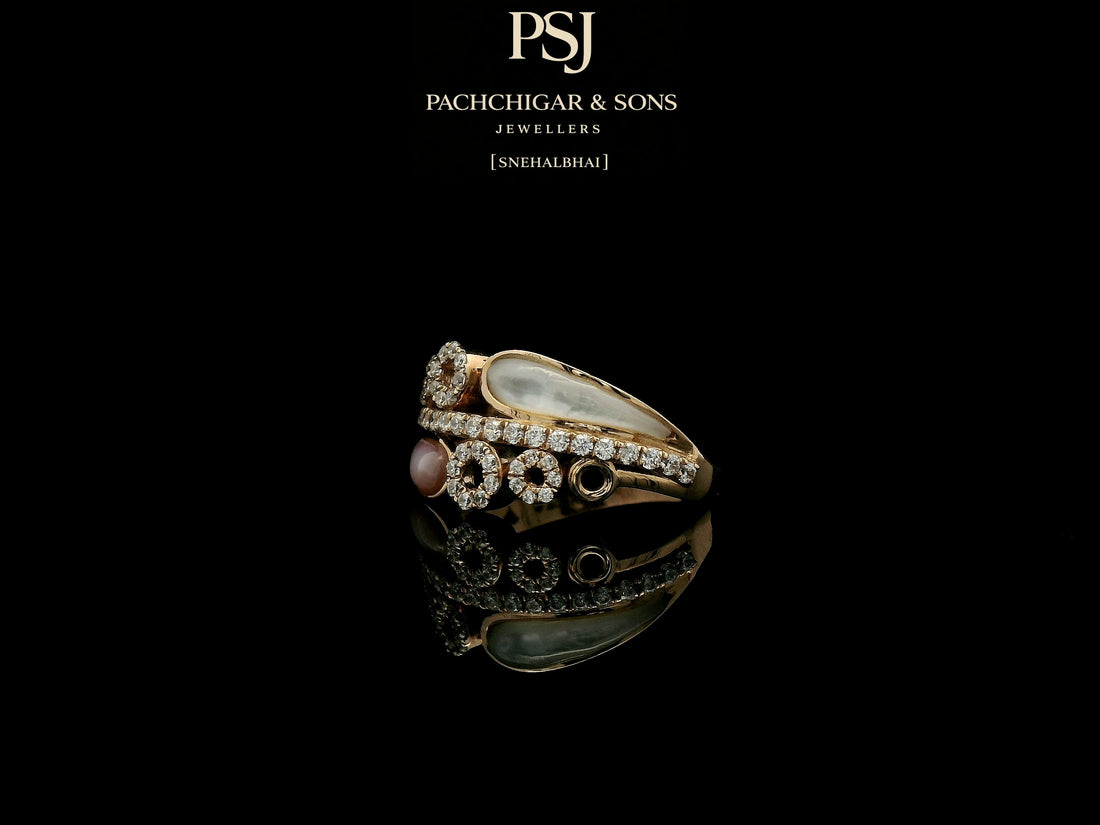 Modern Pearl and Diamond Wrap Ring with Circular Motifs