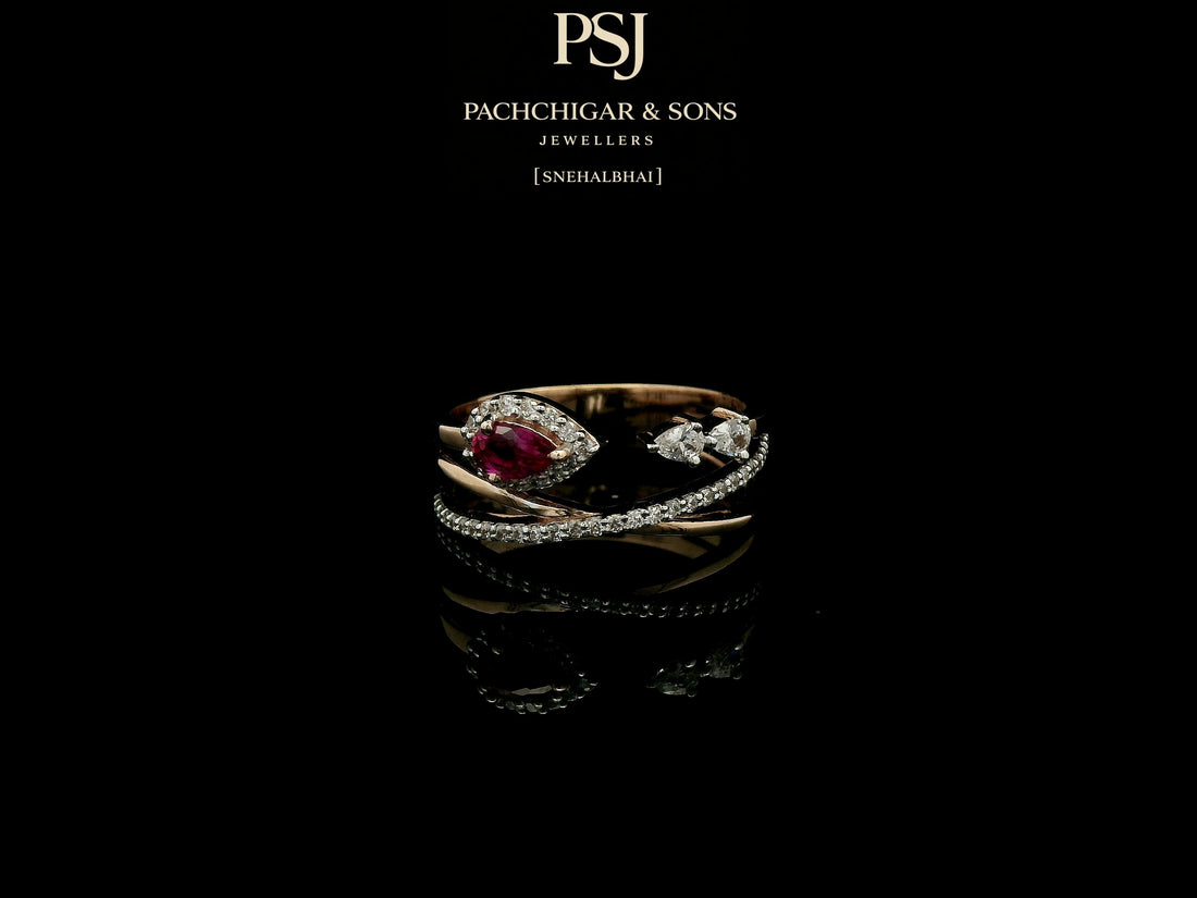 Elegant Ruby Teardrop Diamond Ring with Open Band Design