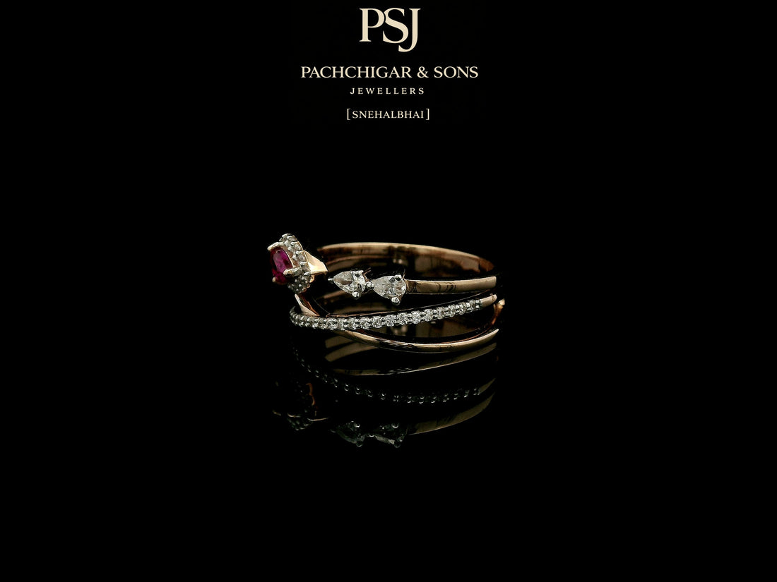 Elegant Ruby Teardrop Diamond Ring with Open Band Design