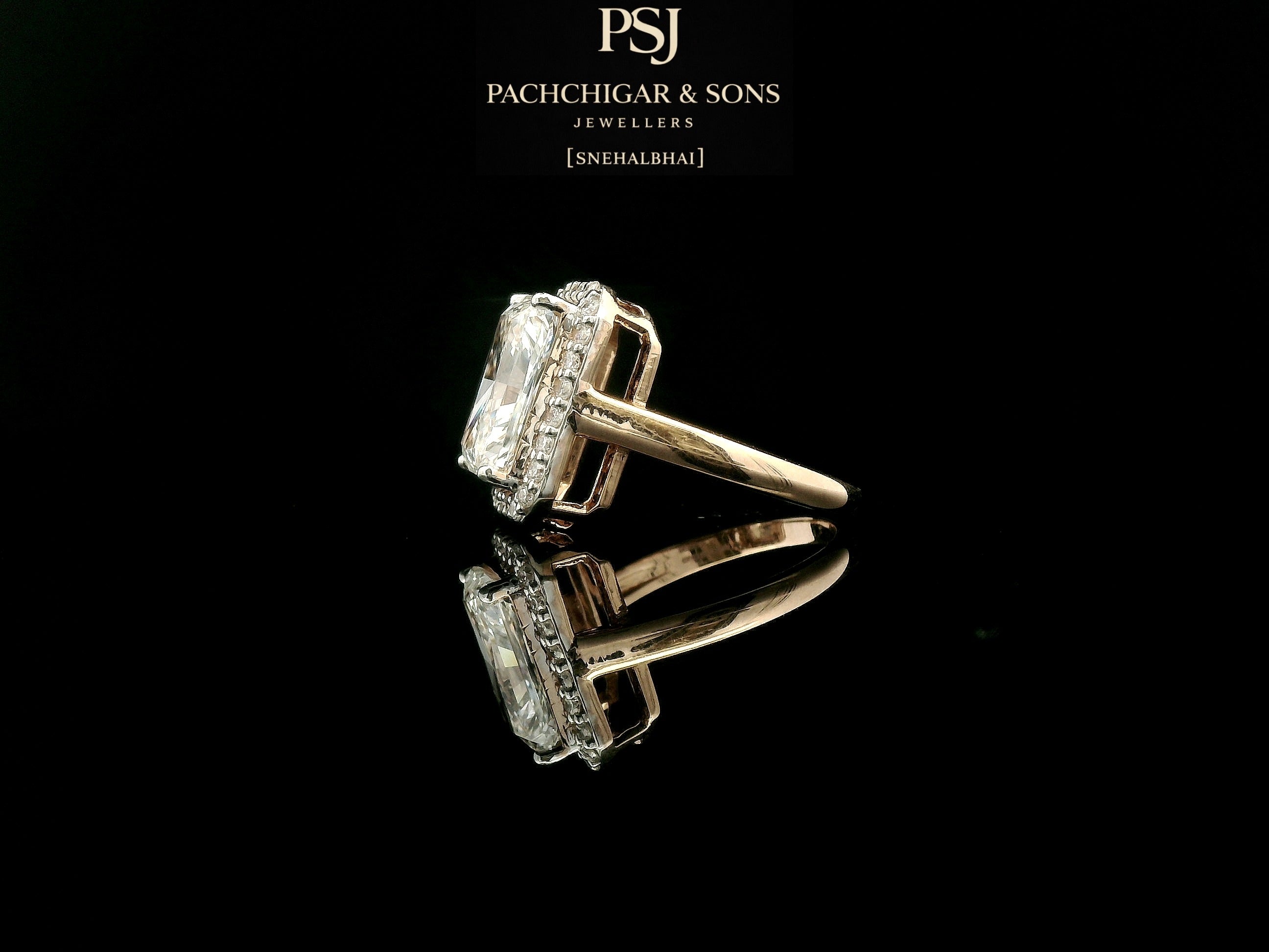 Emerald Cut Diamond Halo Statement Ring in Gold