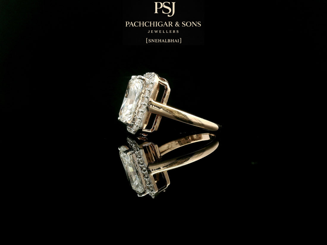 Emerald Cut Diamond Halo Statement Ring in Gold