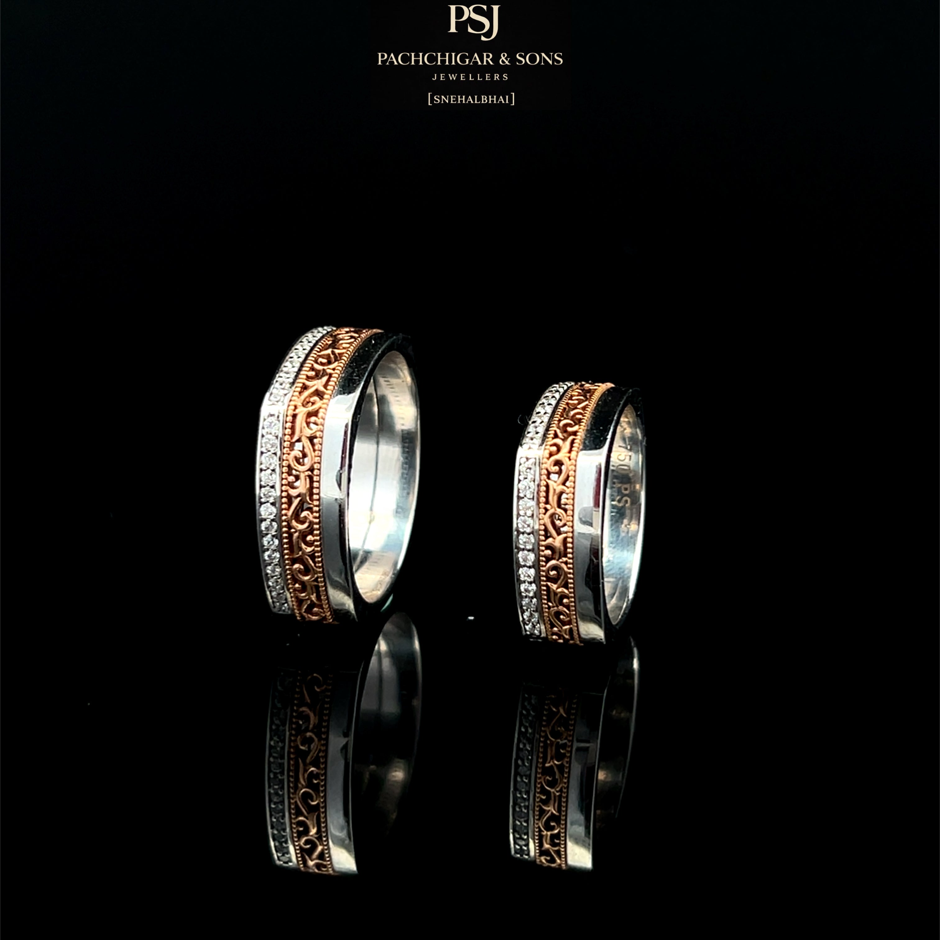 Matching Two-Tone Couple Bands with Diamond Border Detailing