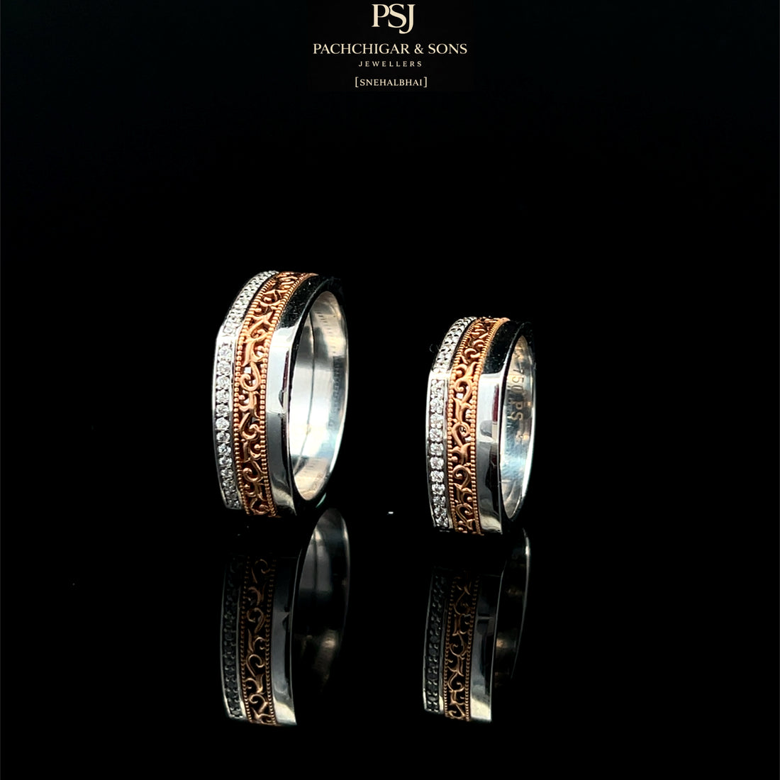 Matching Two-Tone Couple Bands with Diamond Border Detailing