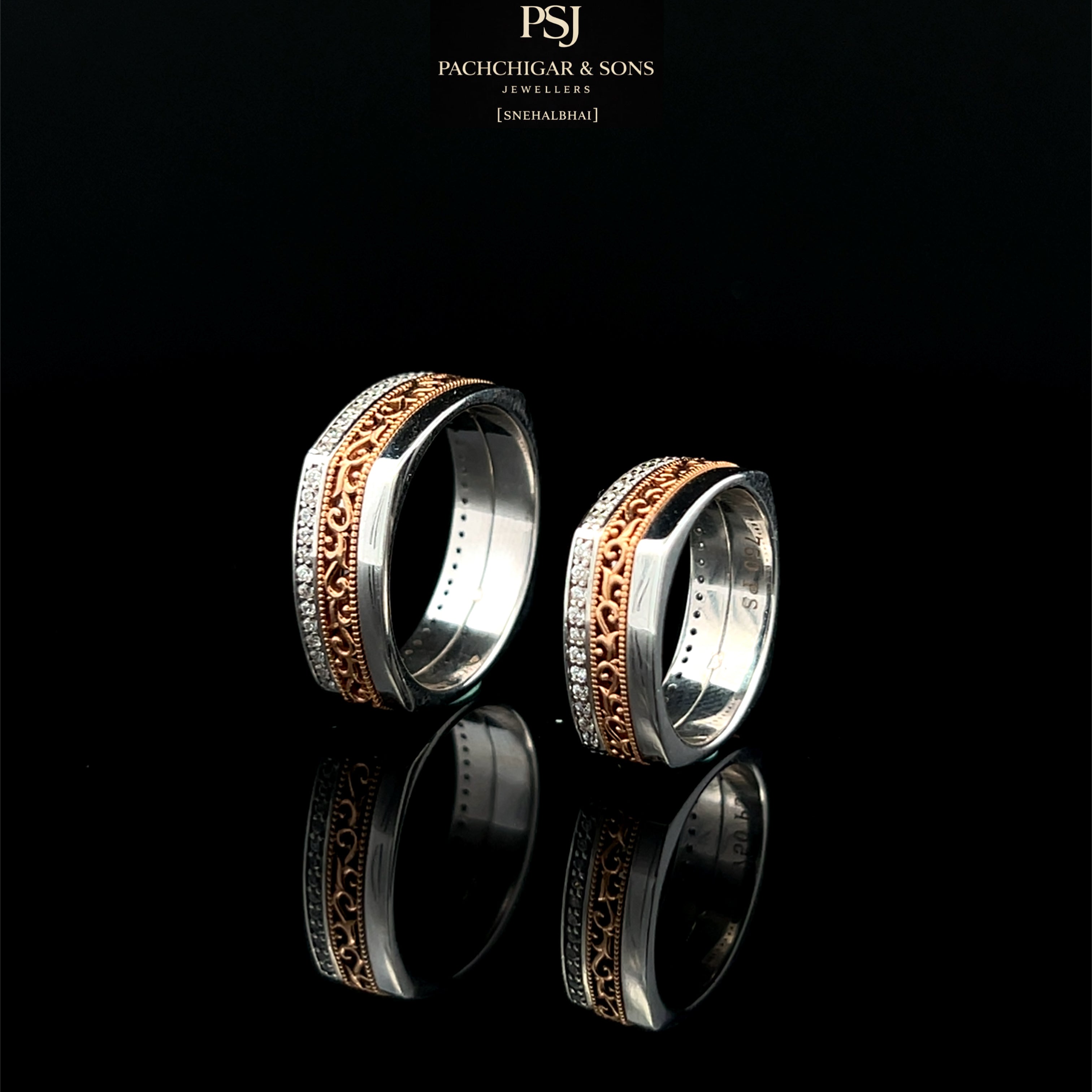Matching Two-Tone Couple Bands with Diamond Border Detailing
