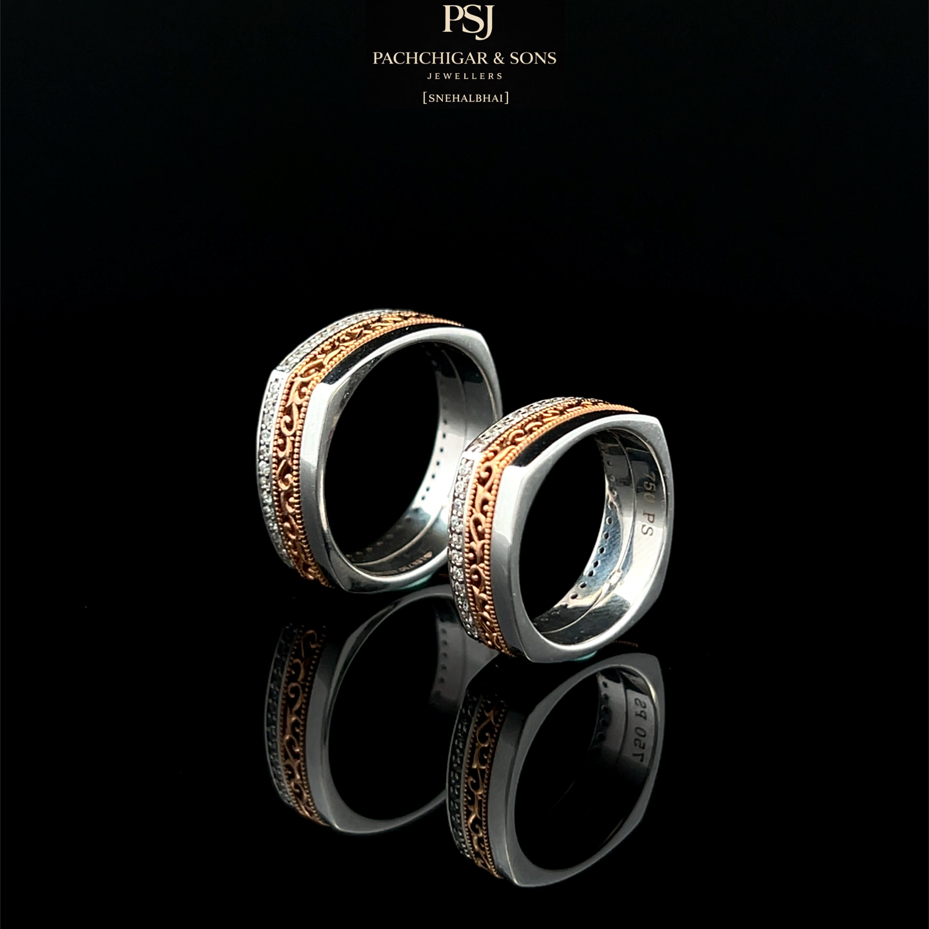 Matching Two-Tone Couple Bands with Diamond Border Detailing