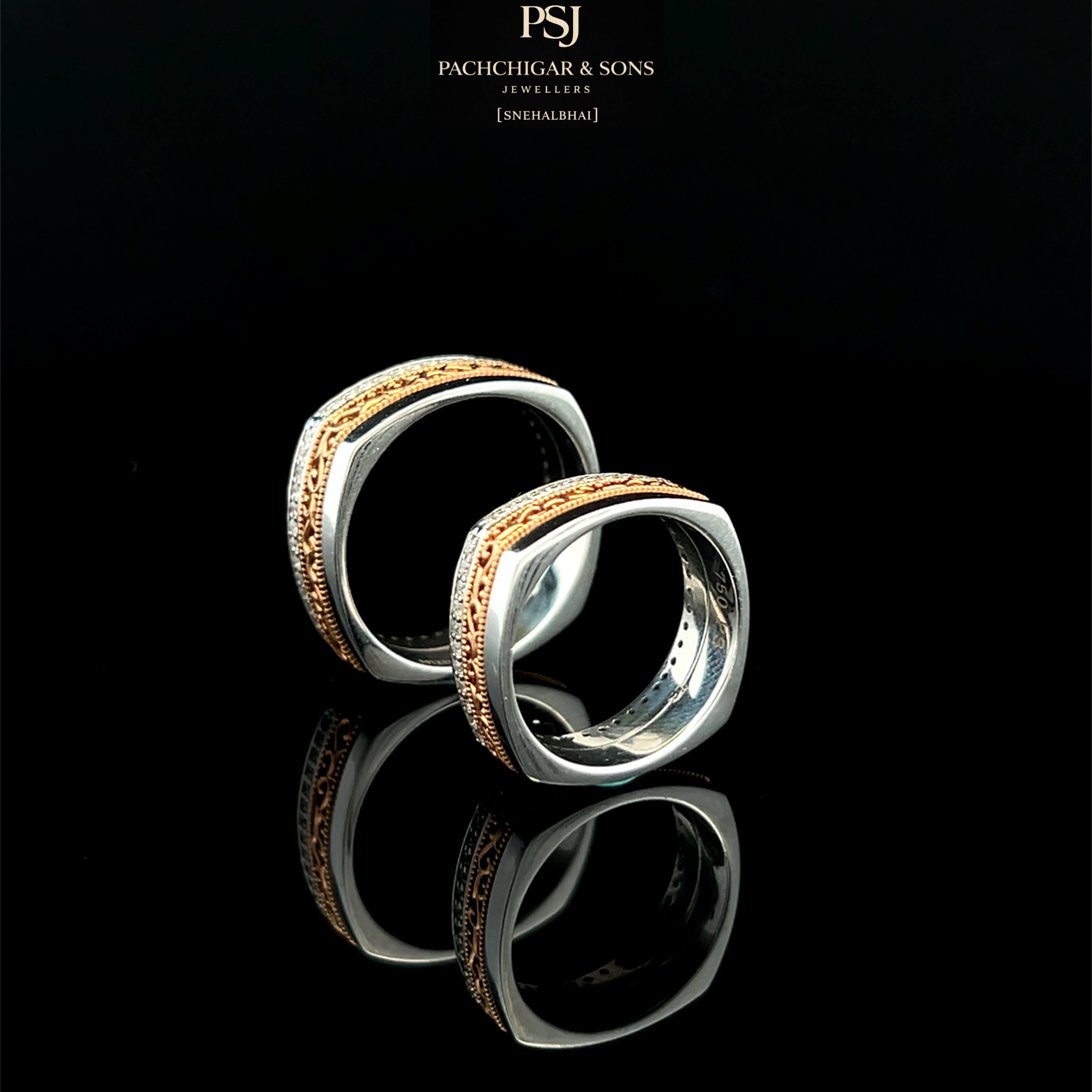 Matching Two-Tone Couple Bands with Diamond Border Detailing