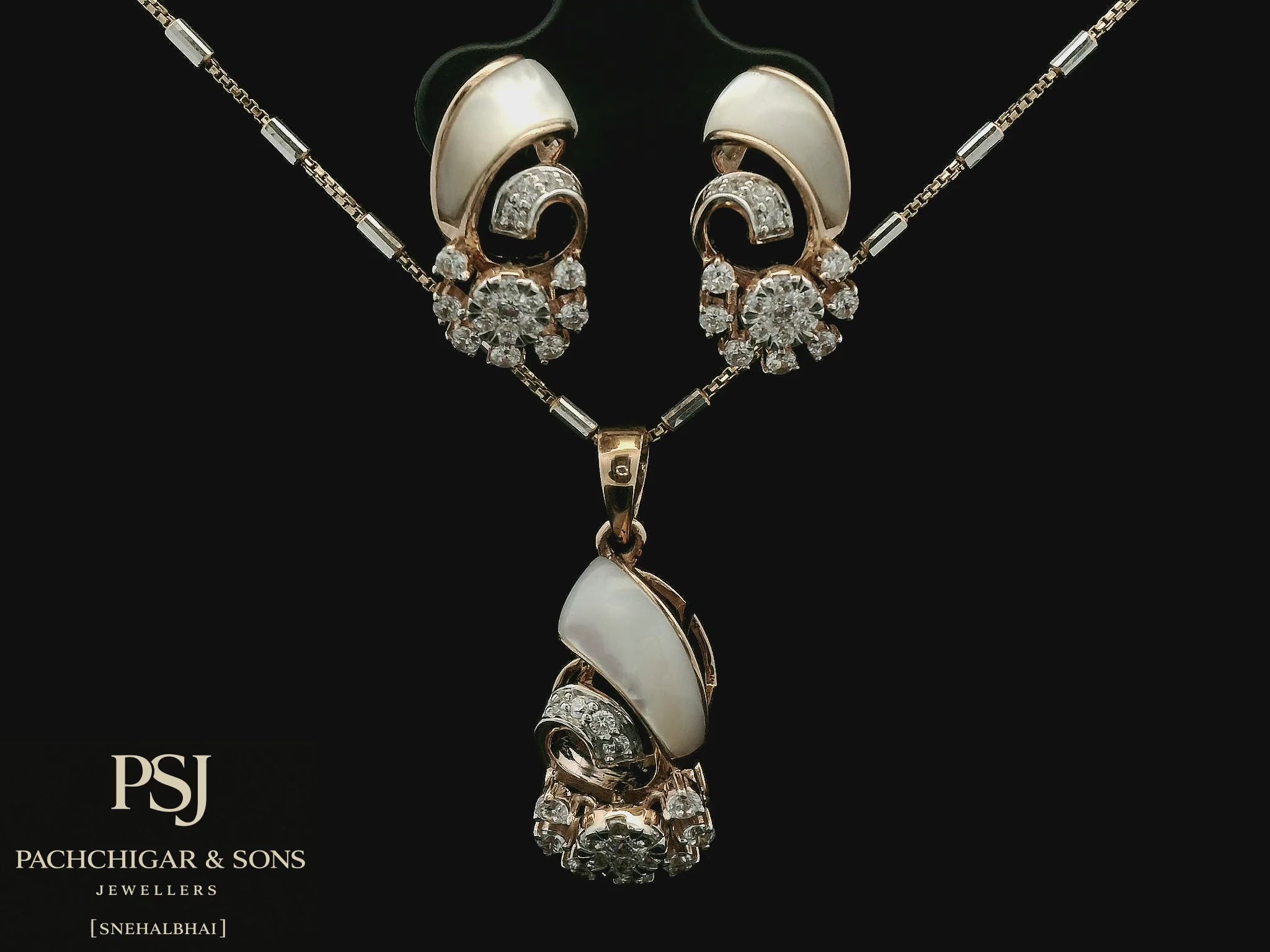 Pearl and Diamond Floral Pendant Set in Rose Gold