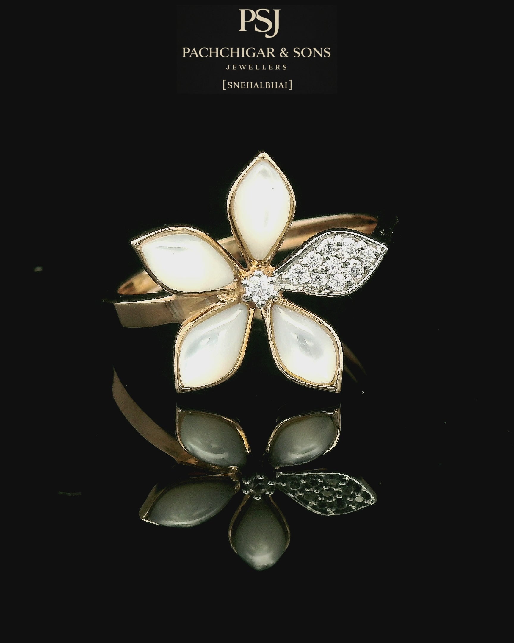 Mother of Pearl Floral Diamond Ring in Gold