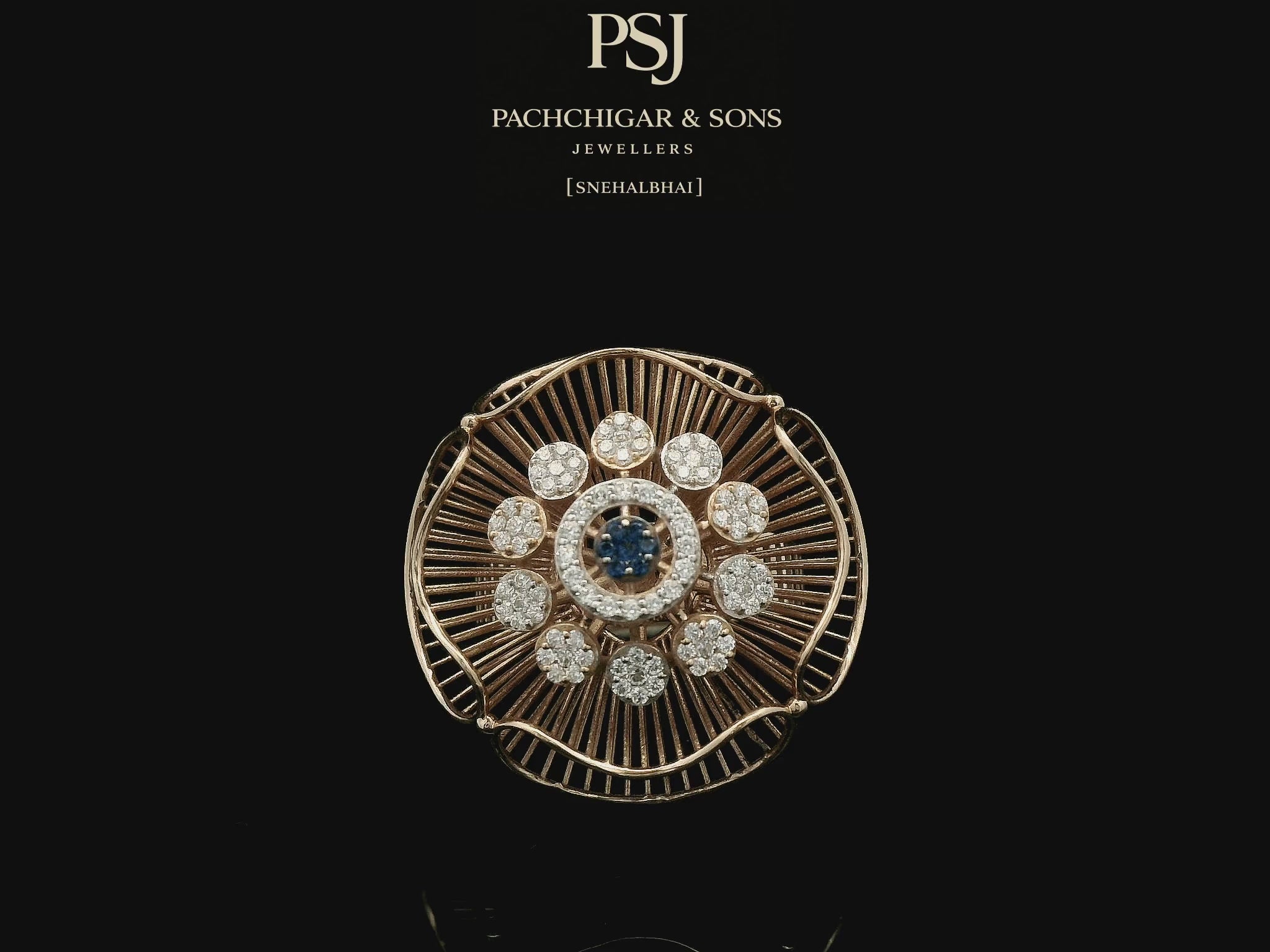 Artistic Floral Diamond Ring with Blue Stone Center