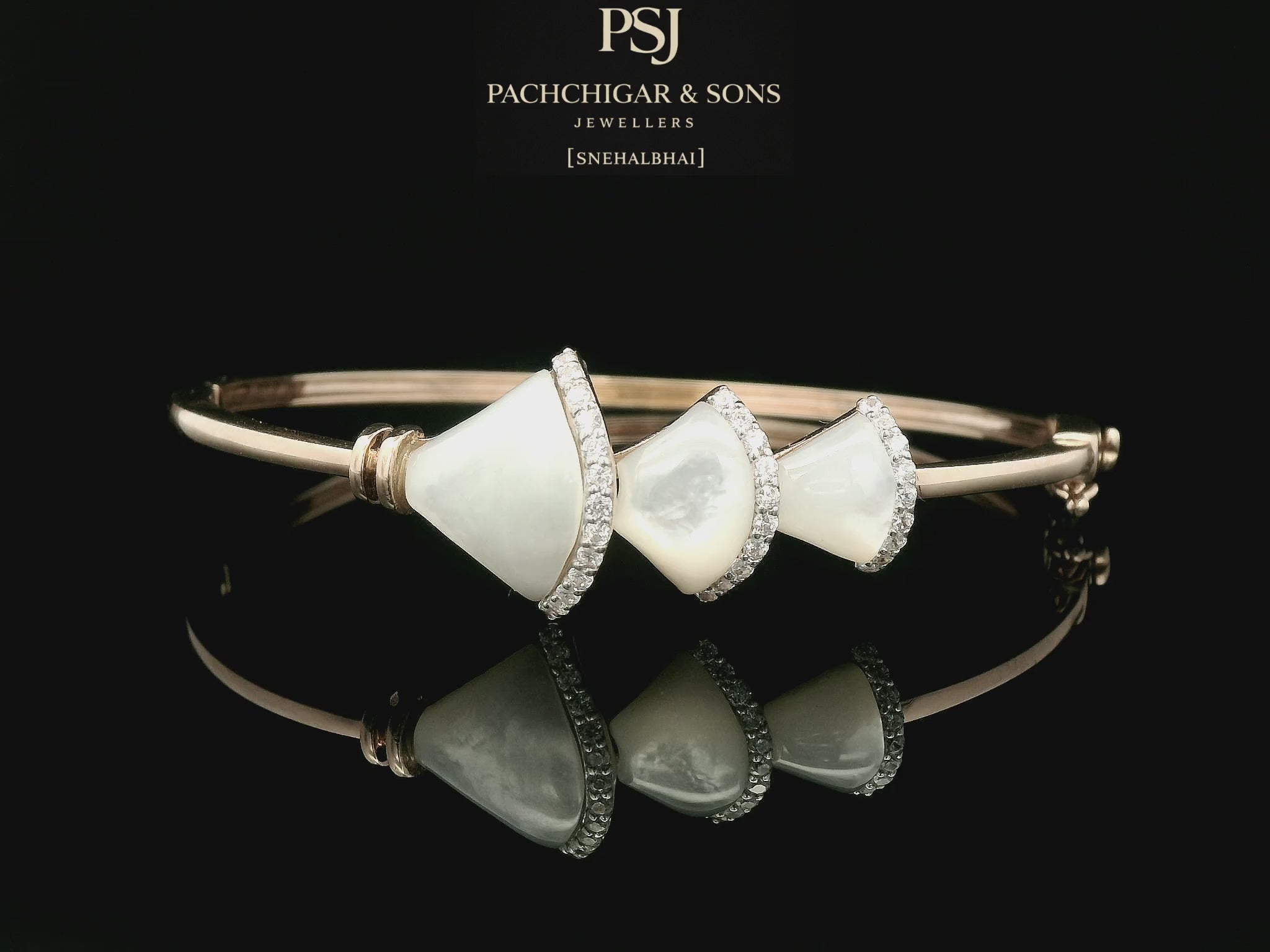 Modern Mother of Pearl Diamond Bangle in Rose Gold