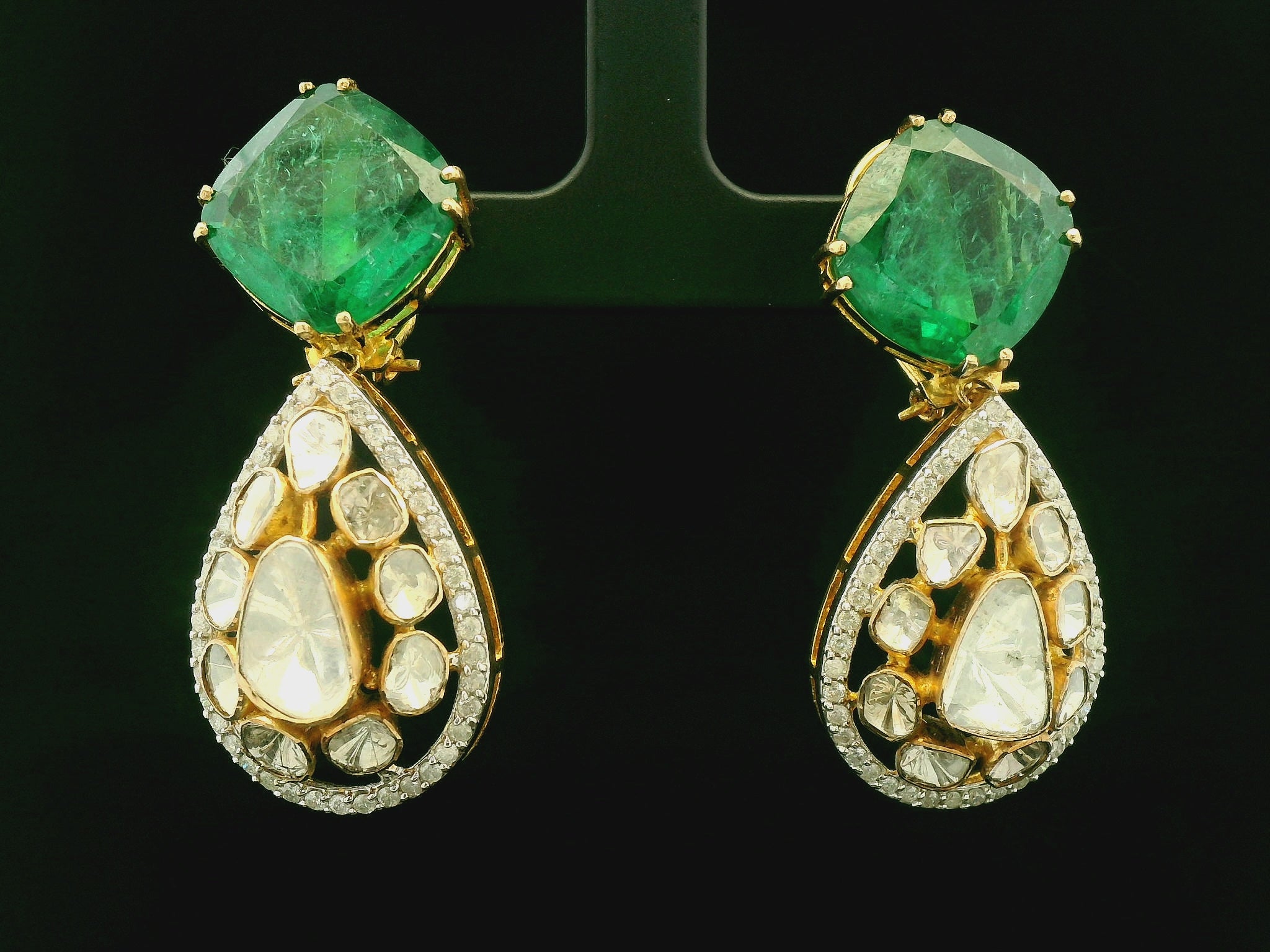 Emerald Green Teardrop Statement Earrings with Gold Finish
