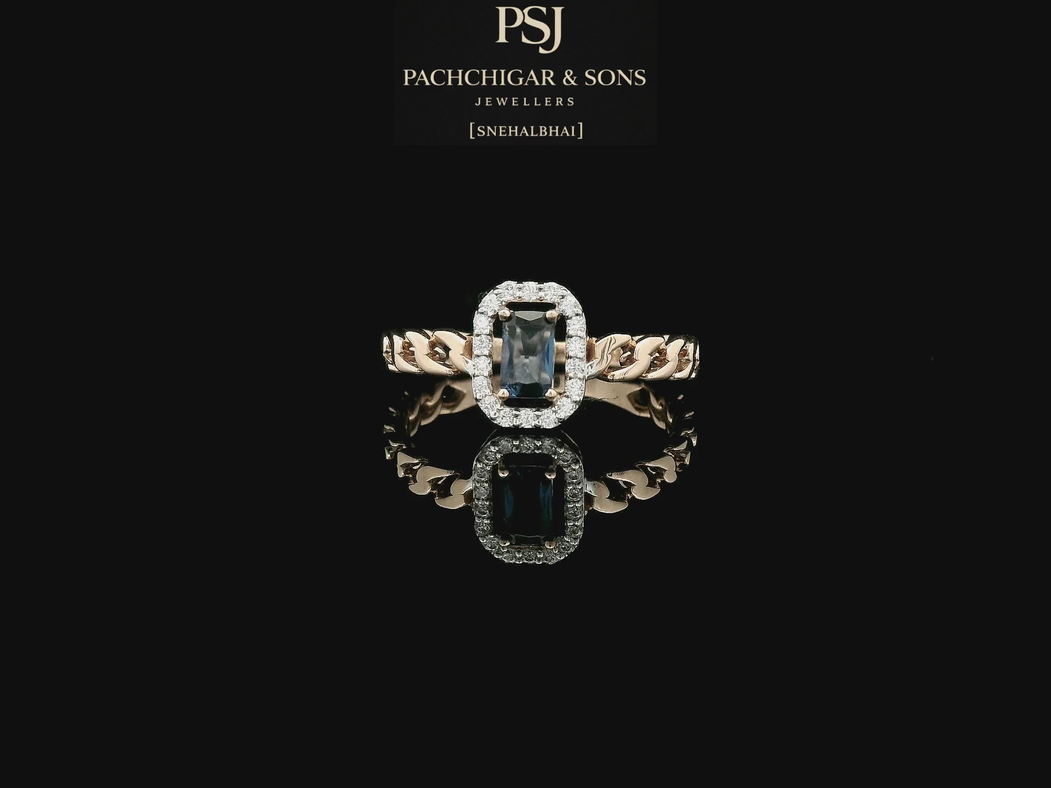 Diamond Halo Chain Ring with Blue Emerald-Cut Stone