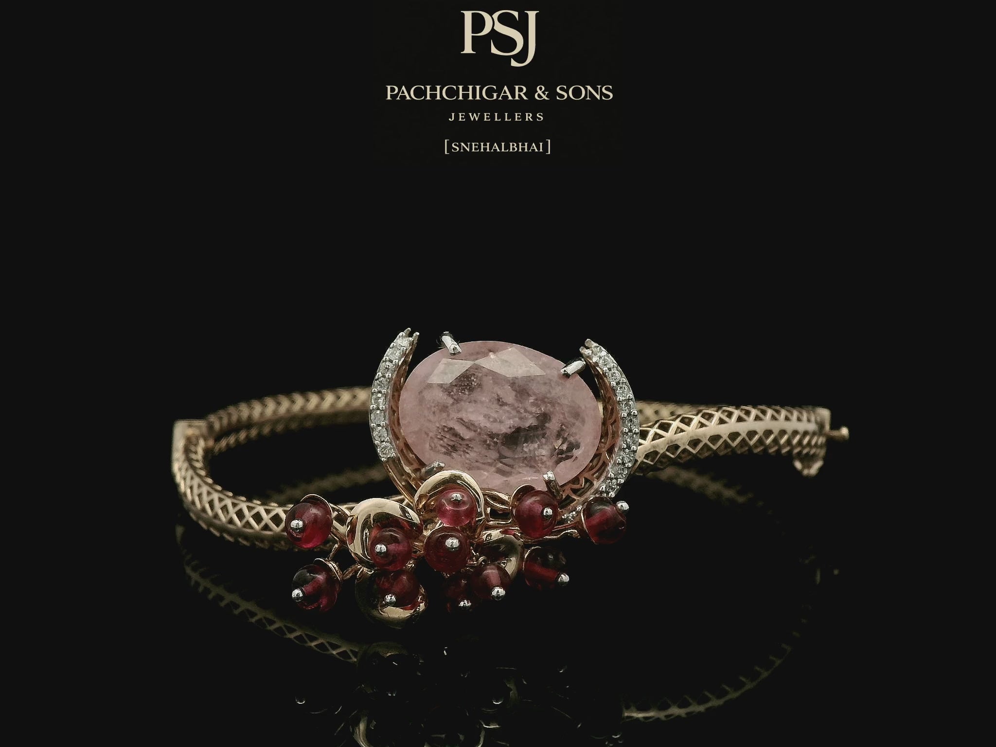 Rose Quartz Statement Bangle with Diamond Halo and Red Bead Detailing
