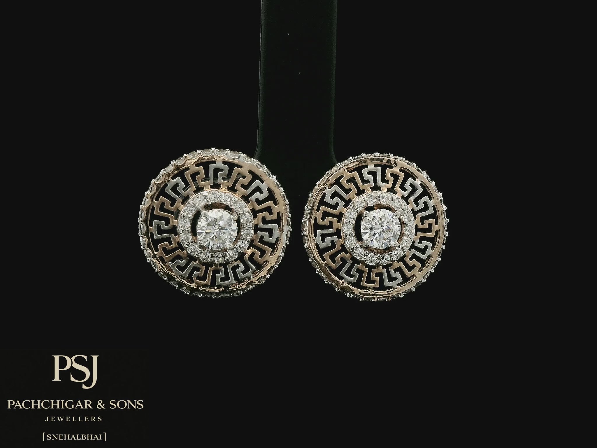 Circular Greek Pattern Diamond Stud Earrings in Rose Gold