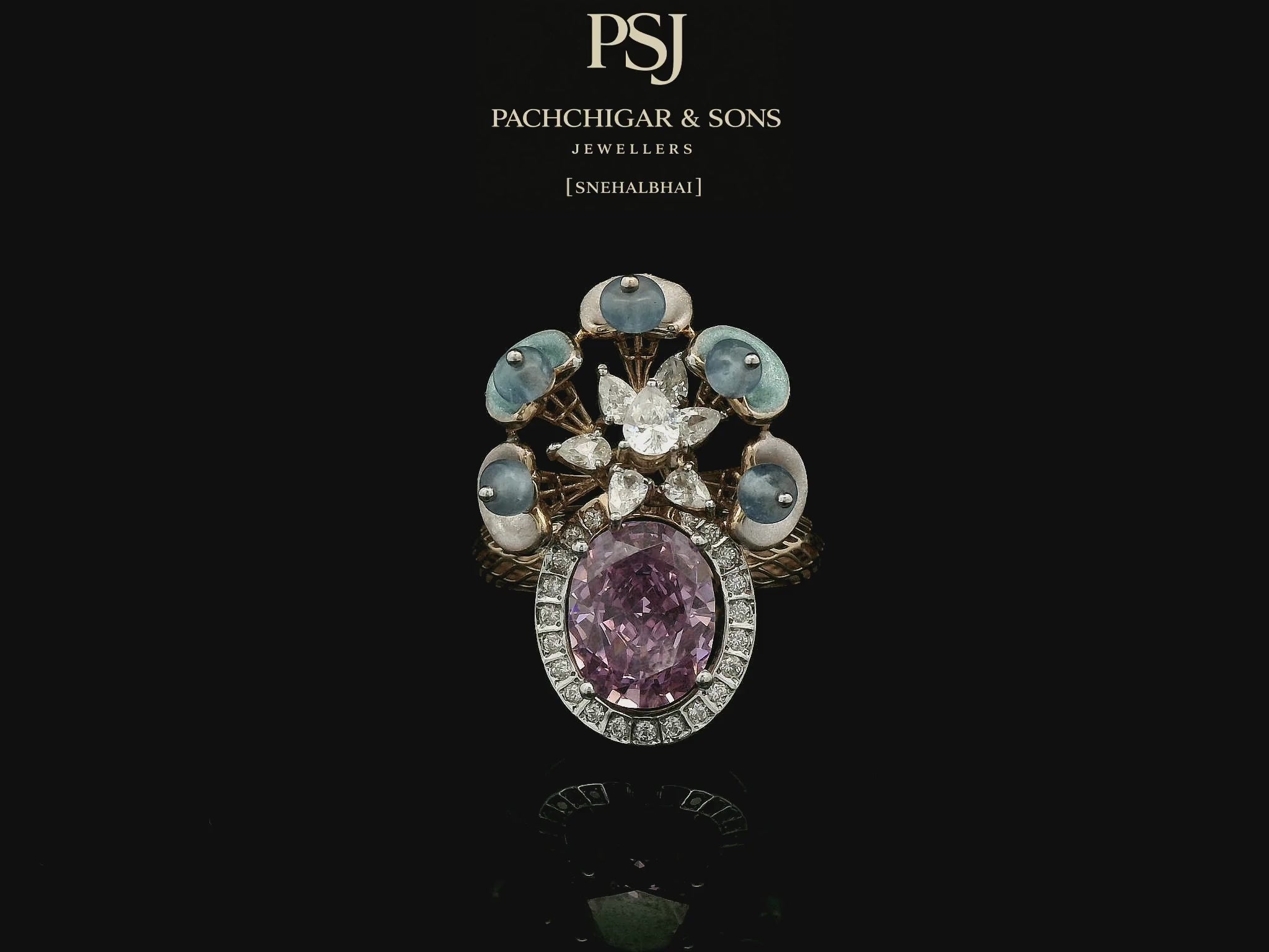 Pink Sapphire Floral Cocktail Ring with Blue Stone Accents