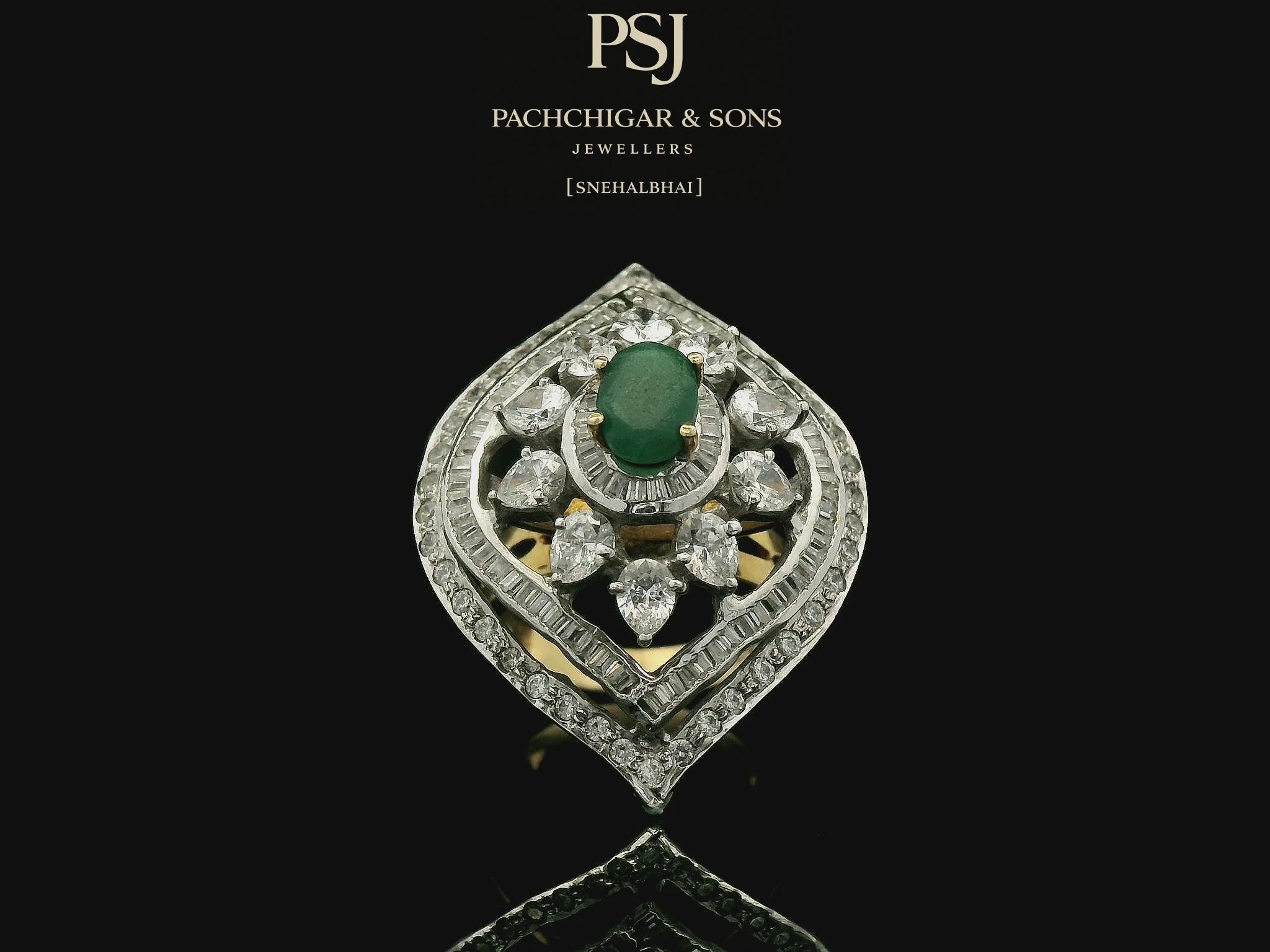 Emerald and Diamond Navette Cocktail Ring with Floral Detailing