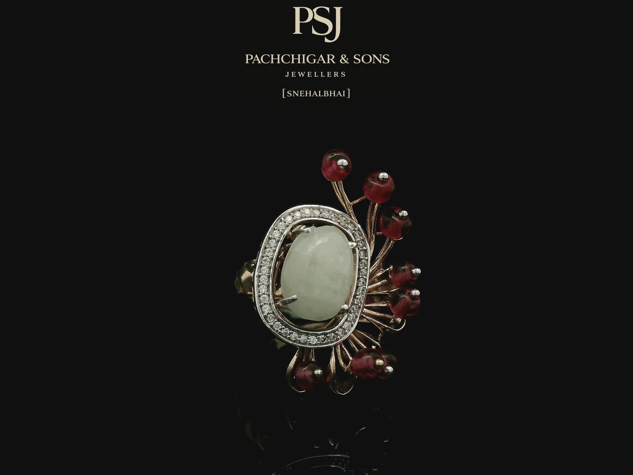 Jade and Diamond Statement Ring with Red Bead Detailing