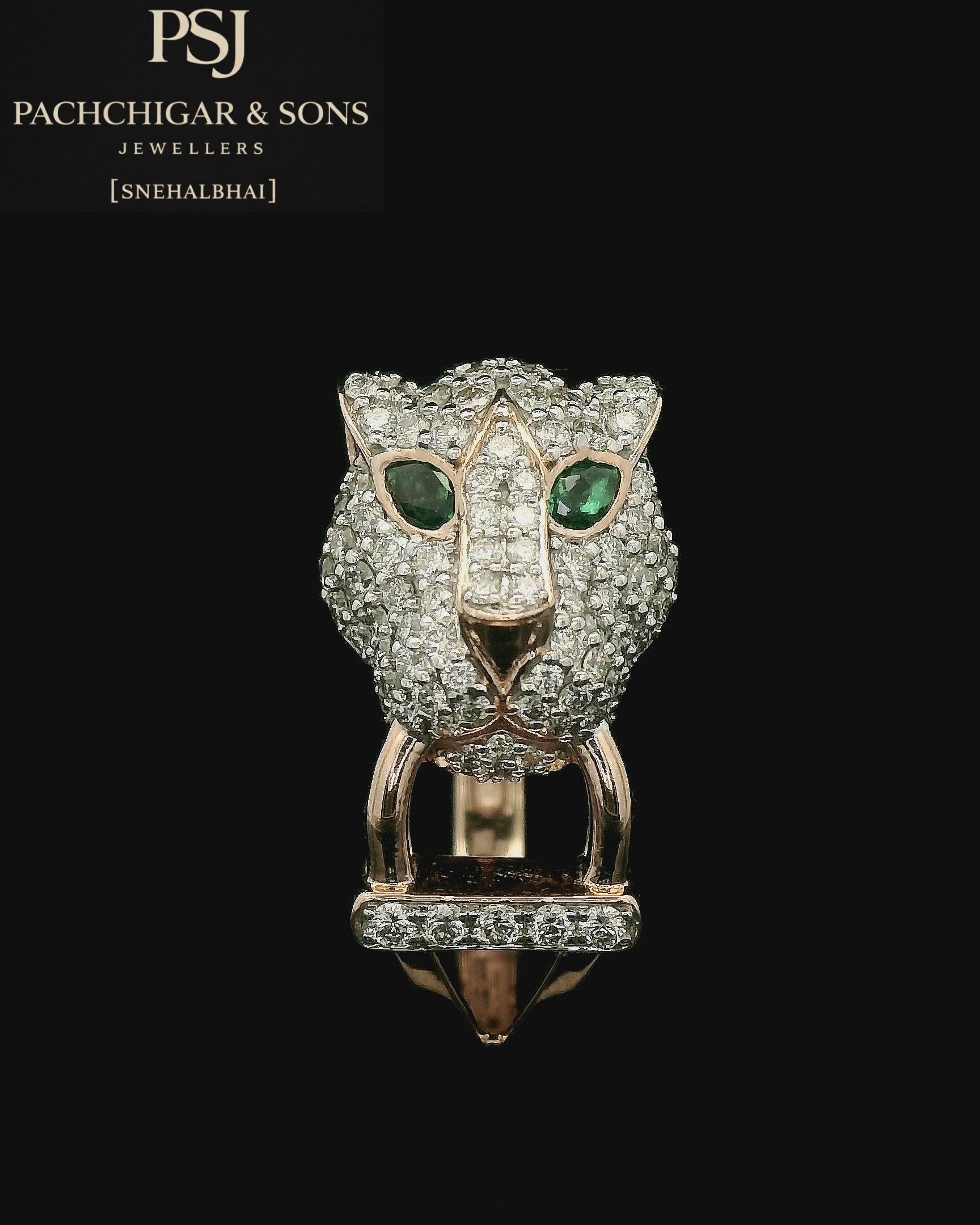 Panther Diamond Statement Ring with Emerald Eyes in Gold