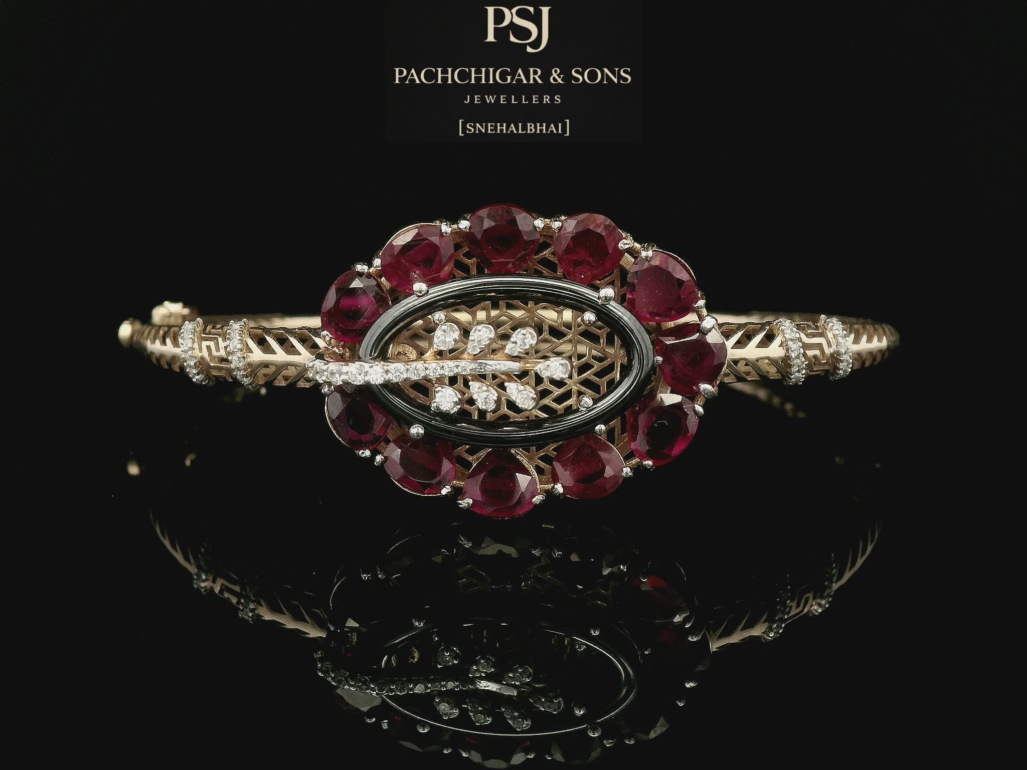 Ruby Floral Statement Bangle with Black Enamel and Diamond Detailing