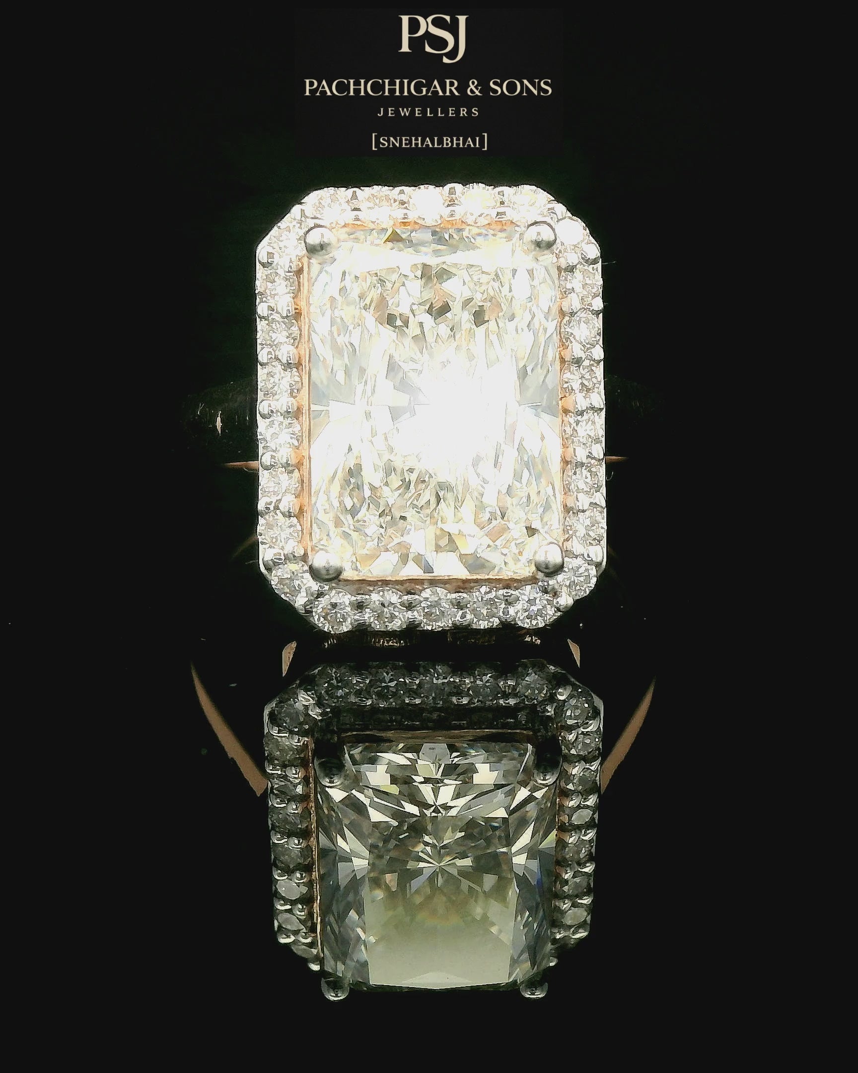 Emerald Cut Diamond Halo Statement Ring in Gold